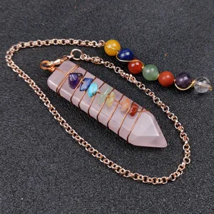 Natural rose quartz crystal chakra pendulum necklace with copper wire wrap and healing chain.