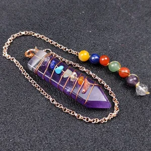 Natural crystal chakra pendulum necklace with metal chain and colorful stone beads for yoga.