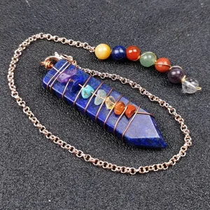 Natural crystal lapis lazuli stone chakra pendulum with metal chain and colorful healing beads.
