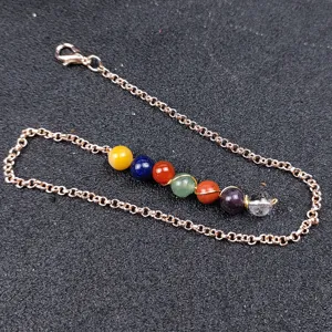 Natural gemstone wire wrapped chakra crystal pendant chain with metal link for yoga healing.