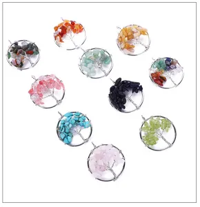30mm Natural Stone Crystal Chip Round Tree of Life Wire Wrapped Pendant Necklace Jewelry