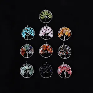30mm natural stone crystal tree of life pendant wire wrapped gemstone healing crystal necklace jewelry.