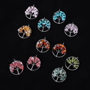 Natural Stone Tree of Life Wire Wrapped Pendant Crystal Chip Healing Chakra Jewelry