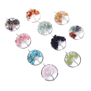 Natural Stone Crystal Tree of Life Pendant Wire Wrapped Round Gemstone Necklace Main Image