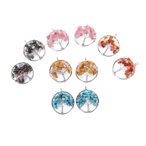 Natural gemstone crystal chip tree of life wire wrapped round pendant necklace charms