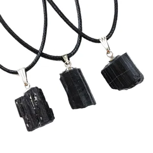 Natural black tourmaline rough stone pendant necklace irregular crystal pillar jewelry item