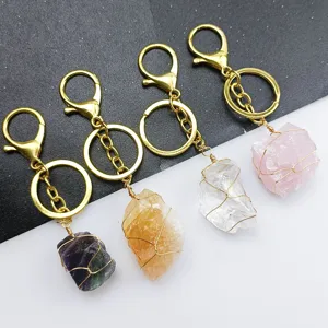 Pietra di cristallo naturale portachiavi avvolto a filo fatto a mano quarzo fluorite pendente