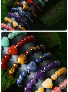 Natural Crystal Heart Beaded Bracelet Tiger Eye Amethyst Couple Fashion Jewelry Gift