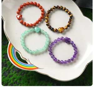 Natural crystal beaded bracelets with heart pendants, fashion couple gemstone jewelry.