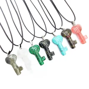 Crystal heart key pendant necklace natural stone gemstone jewelry detail display view.
