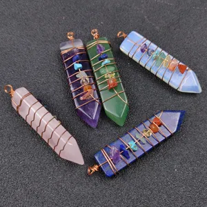 Natural crystal chakra pendulum pendant wire wrapped gemstone hexagonal pillar jewelry