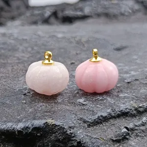 Carved pink crystal pumpkin pendant, 13mm jade gemstone DIY jewelry making charm accessory.