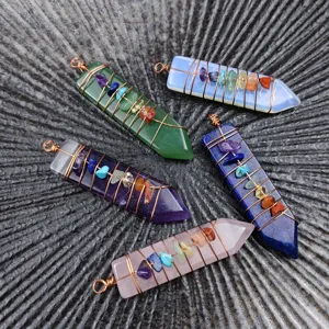 Natural crystal stone arrow pendants with wire wrapped chakra chips, 5pcs set yoga jewelry.