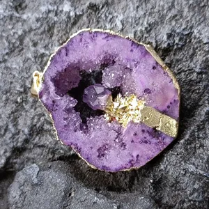 Pendente Geode Ametista Naturale Placcato Oro Collana Fetta Cristallo Irregolare Gioiello