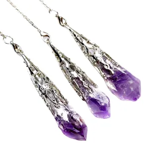 Raw Amethyst Crystal Pendant Necklace Natural Healing Stone Dowsing Pendulum Jewelry Detail