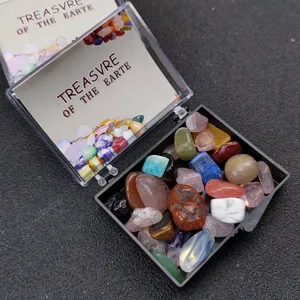 Detailansicht von gemischten Mineral-Kristallsteinen und Edelstein-Proben in transparenter Box.