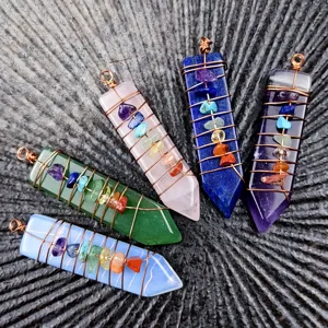 Natural crystal gemstone hexagonal pillar wire wrapped chakra pendulum pendant jewelry.