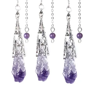 Raw Amethyst Cluster Pendant Necklace Natural Crystal Pendulum Jewelry For Dowsing Healing