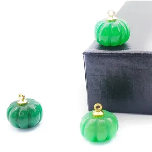 Detailed view of 13-14mm jade carved pumpkin pendant with gold-toned bail for DIY jewelry making.