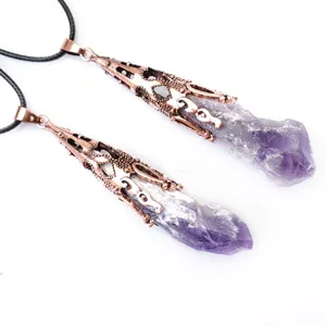 Raw amethyst crystal cluster pendant necklace with copper alloy cap and black cord.