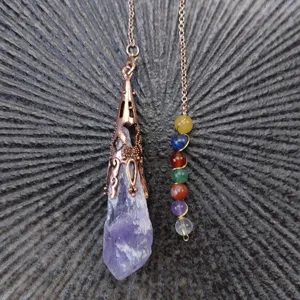 Natural raw amethyst crystal pendulum pendant with copper cap and chakra beads for healing style.