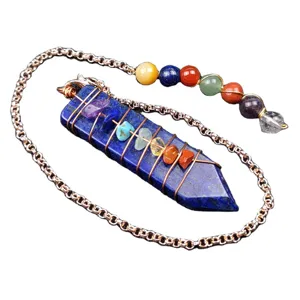 Natural gemstone crystal wire wrapped 7 chakra pendulum pendant with chain for yoga healing meditation