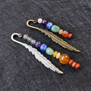 Creative Feather Bookmark With Chakra Crystal Gemstone Beads Metal Book Marker For Office School Reading Gift