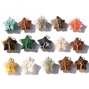 Natural crystal star pendant gemstone wire wrapped tree of life necklace details view.