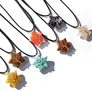 Natural Crystal Star Pendant Necklace Wire Wrapped Tree of Life Healing Stone Star Jewelry