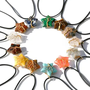 Natural Crystal Star Tree of Life Pendant Necklace Wire Wrapped Healing Stone Jewelry