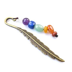 Vintage metal feather bookmark with 7 chakra crystal stones for reading book lovers