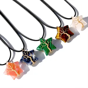 Crystal star necklace wire wrapped tree of life pendant healing gemstone jewelry items