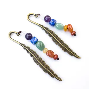 Vintage bronze feather metal bookmarks set with 7 chakra crystal healing stone beads for reading