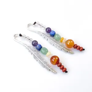 Chakra crystal feather bookmark with colorful gemstone beads for reading and office gifts.