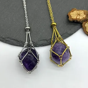 Stainless Steel Natural Crystal Mesh Pocket Pendant Necklace Gold Silver Plated Adjustable Chain Fashion Jewelry Gift