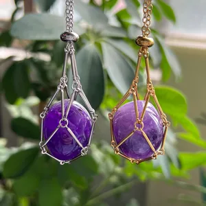 Stainless steel crystal stone net pocket pendant necklace with purple amethyst and adjustable chain.