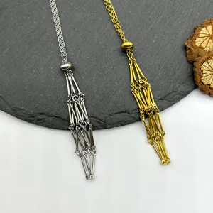 Stainless steel crystal net pocket necklace bamboo tube braided adjustable chain detail.
