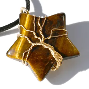 Close-up detail of tiger eye star pendant with wire wrapped tree of life design gemstone.