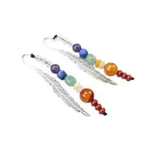 Metal feather bookmark set with 7 chakra crystal gemstone beads, elegant reading accessory for books.