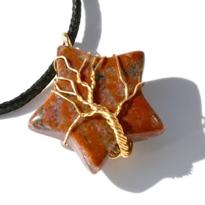 Detailed view of the wire-wrapped tree of life star crystal pendant with black cord.