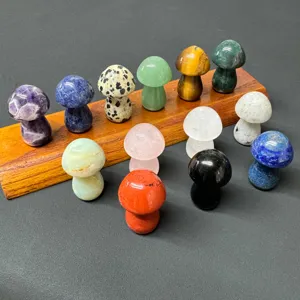 Natural stone crystal mushroom figurines, 35mm colorful gemstone carvings for DIY micro landscape decor.