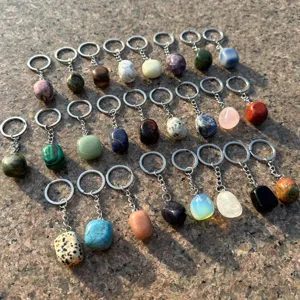 Natural crystal tumbled stone keychain with stainless steel ring and polished gemstone