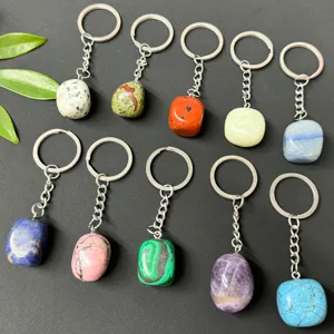 Natural Crystal Tumbled Stone Stainless Steel Keychain Handmade DIY Polishing Gemstone Mineral Pendant Key Ring