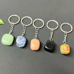 Natural crystal gemstone keychain stainless steel polished tumbled stone bag pendant decor.