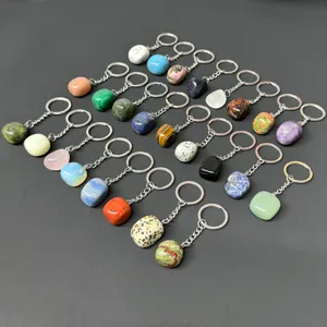 Natural crystal tumbled stone stainless steel keychain gemstone decorative pendant DIY handmade item
