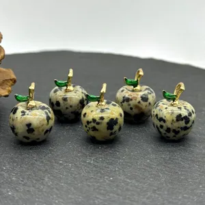 Natural stone apple pendant charm with gold stem and green leaf for DIY jewelry making.