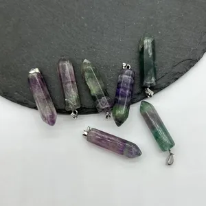 Natural stone double pointed hexagonal column pendant colorful fluorite crystal necklace.