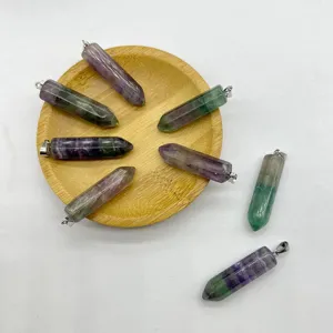 Natural colorful fluorite crystal double pointed hexagonal column pendant necklace charm