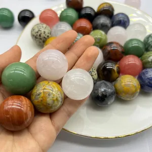 Detailed shot of natural gemstone crystal sphere, polished mineral palm stones decor.