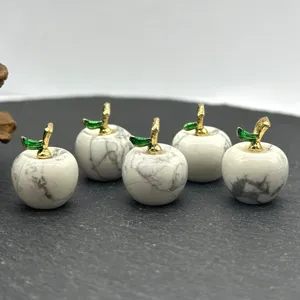 Natural stone apple pendant with gold stem and green leaf for DIY necklace earrings jewelry.